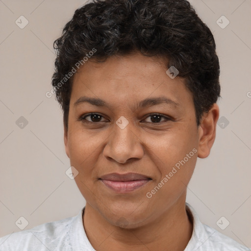 Joyful latino adult female with short  brown hair and brown eyes