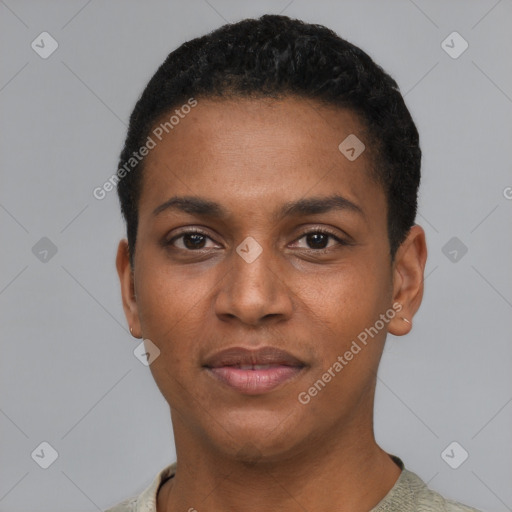 Joyful black young-adult male with short  black hair and brown eyes