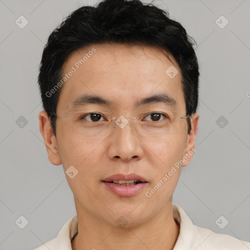 Neutral asian young-adult male with short  black hair and brown eyes