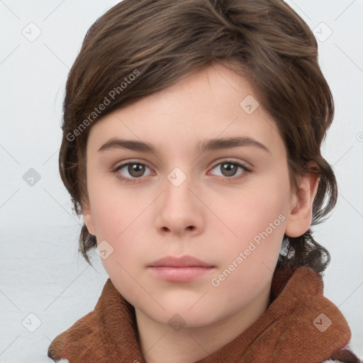 Neutral white young-adult female with medium  brown hair and grey eyes