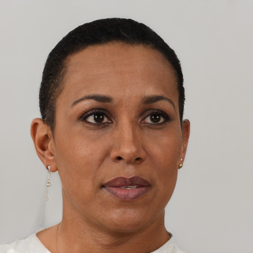 Neutral black adult female with short  brown hair and brown eyes