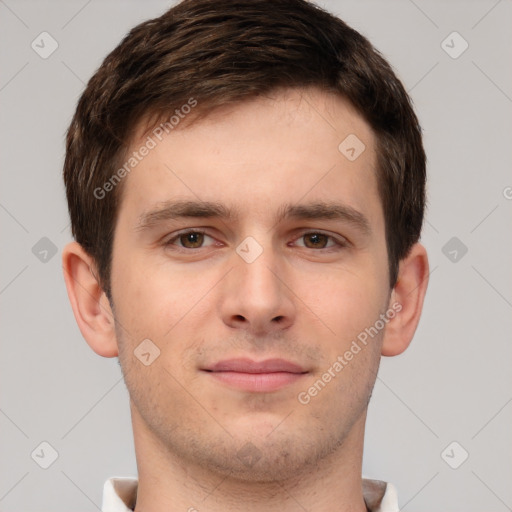 Neutral white young-adult male with short  brown hair and brown eyes