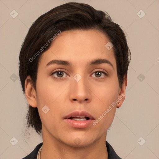 Neutral white young-adult female with short  brown hair and brown eyes