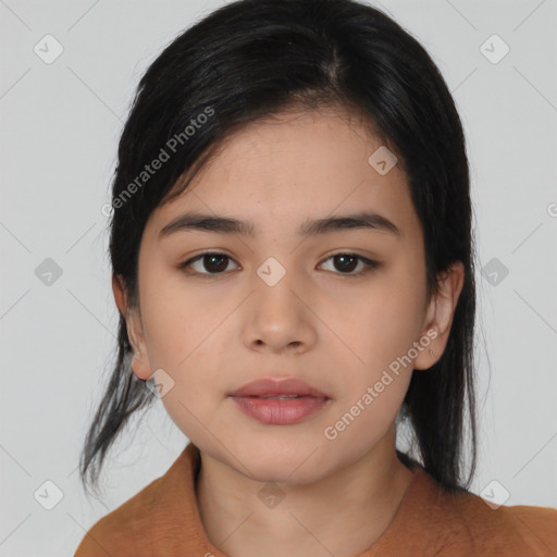 Neutral asian young-adult female with medium  black hair and brown eyes