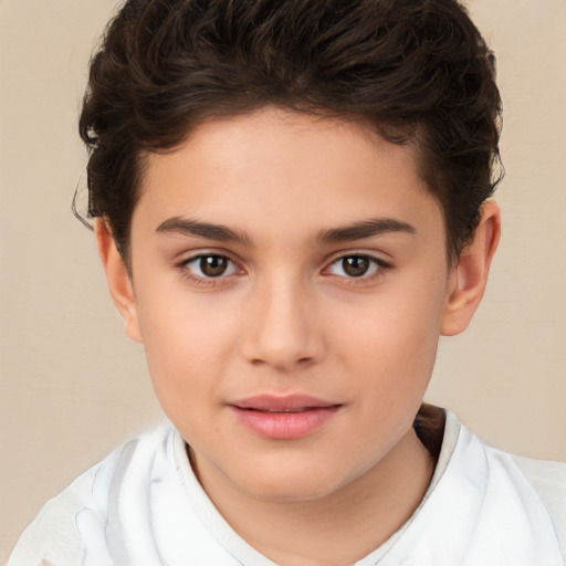 Joyful white child female with short  brown hair and brown eyes