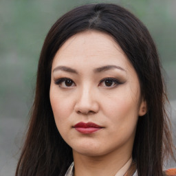 Neutral asian young-adult female with long  brown hair and brown eyes