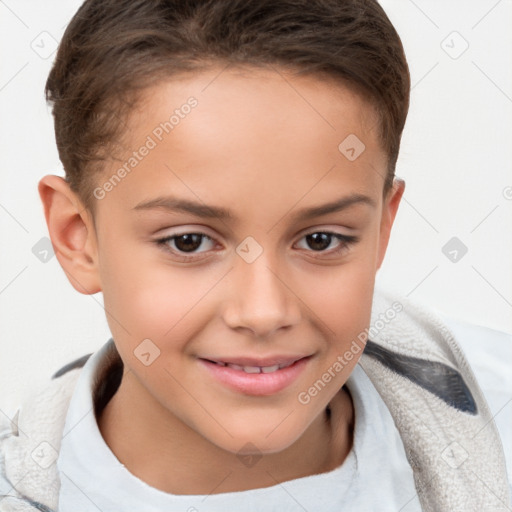 Joyful white child female with short  brown hair and brown eyes