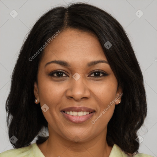 Joyful black young-adult female with medium  brown hair and brown eyes