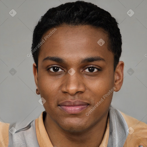 Joyful black young-adult male with short  black hair and brown eyes