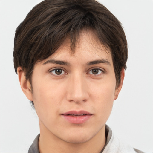 Neutral white young-adult female with short  brown hair and brown eyes