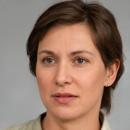 Joyful white adult female with medium  brown hair and grey eyes