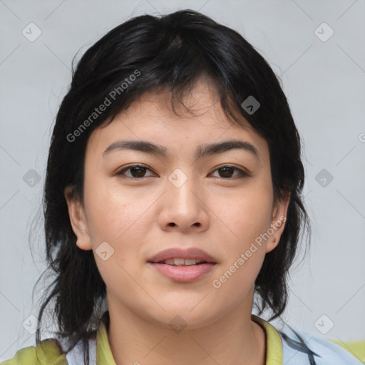 Neutral asian young-adult female with medium  brown hair and brown eyes