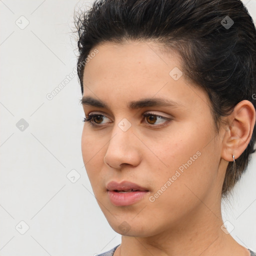 Neutral white young-adult female with medium  brown hair and brown eyes