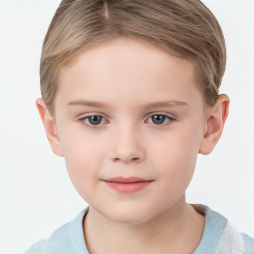 Joyful white child female with short  brown hair and brown eyes