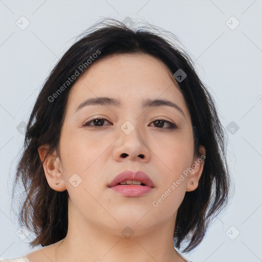 Neutral asian young-adult female with medium  brown hair and brown eyes