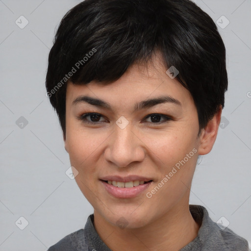 Joyful asian young-adult female with short  brown hair and brown eyes