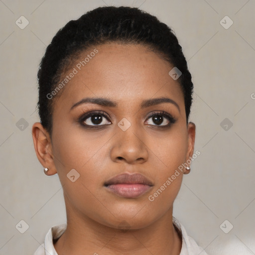 Neutral black young-adult female with short  brown hair and brown eyes