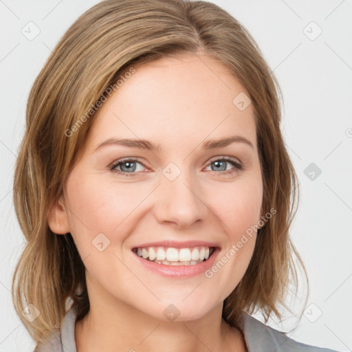 Joyful white young-adult female with medium  brown hair and blue eyes