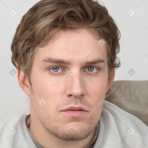 Neutral white young-adult male with short  brown hair and grey eyes