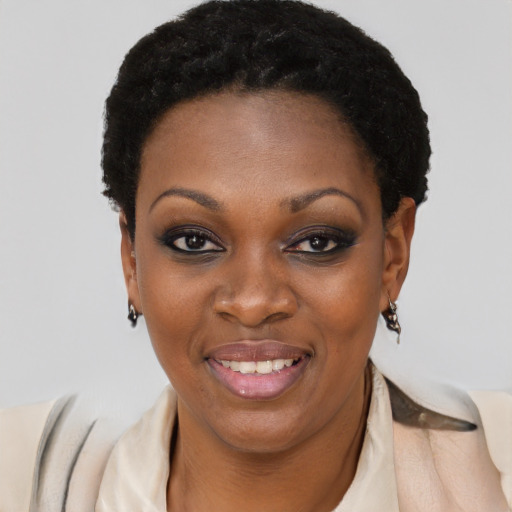 Joyful black young-adult female with short  black hair and brown eyes