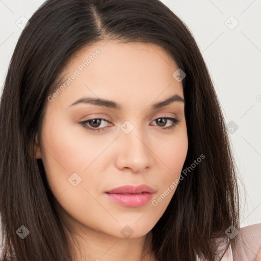 Neutral white young-adult female with long  brown hair and brown eyes