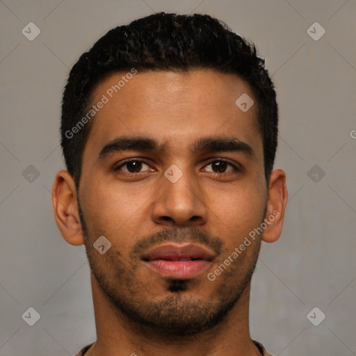 Neutral latino young-adult male with short  black hair and brown eyes
