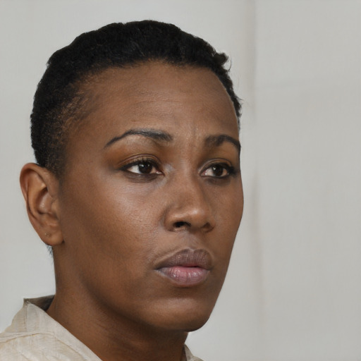 Neutral black adult female with short  brown hair and brown eyes