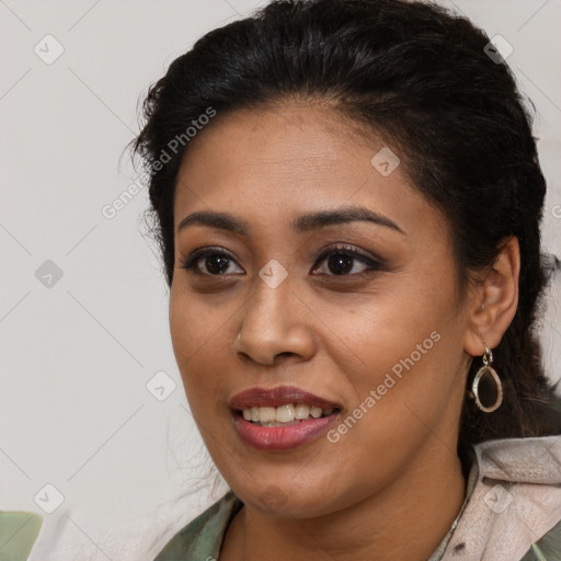Joyful white young-adult female with medium  black hair and brown eyes
