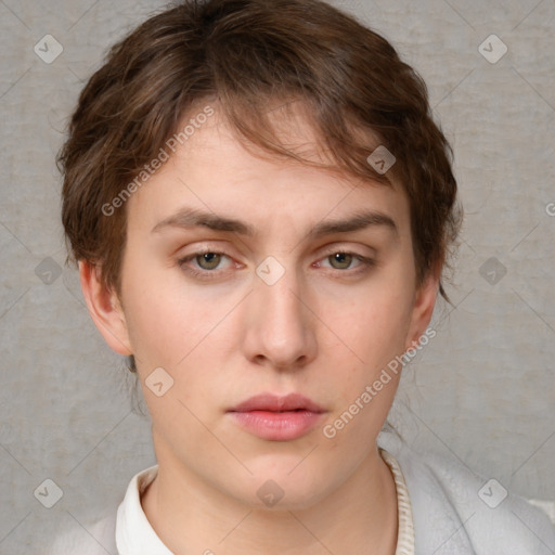 Neutral white young-adult female with short  brown hair and brown eyes