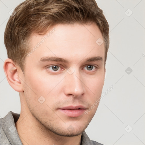 Neutral white young-adult male with short  brown hair and grey eyes