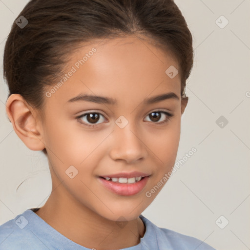 Joyful white child female with short  brown hair and brown eyes