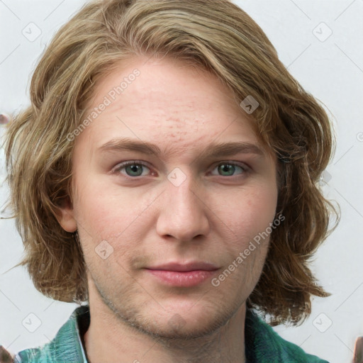 Joyful white young-adult female with medium  brown hair and green eyes