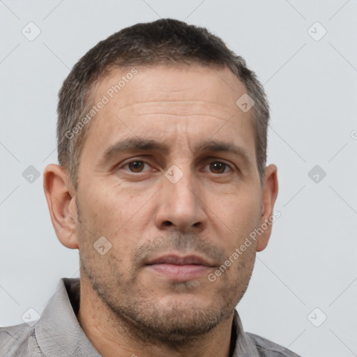 Neutral white adult male with short  brown hair and brown eyes