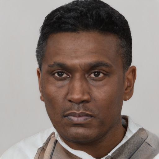 Neutral black young-adult male with short  black hair and brown eyes