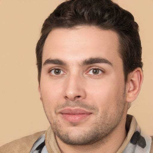 Joyful white young-adult male with short  brown hair and brown eyes