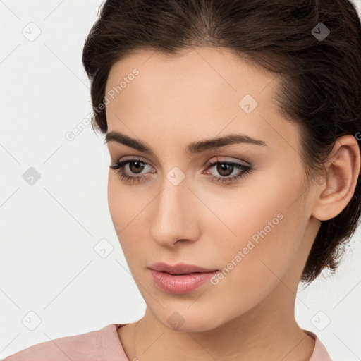 Neutral white young-adult female with medium  brown hair and brown eyes