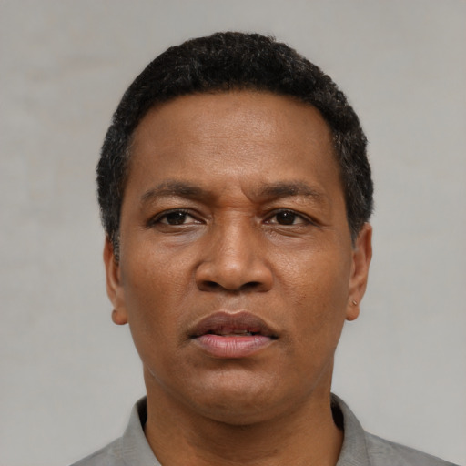 Neutral black adult male with short  black hair and brown eyes