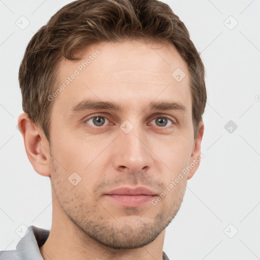 Neutral white young-adult male with short  brown hair and grey eyes