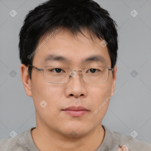 Neutral asian young-adult male with short  brown hair and brown eyes