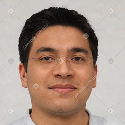 Neutral asian young-adult male with short  brown hair and brown eyes
