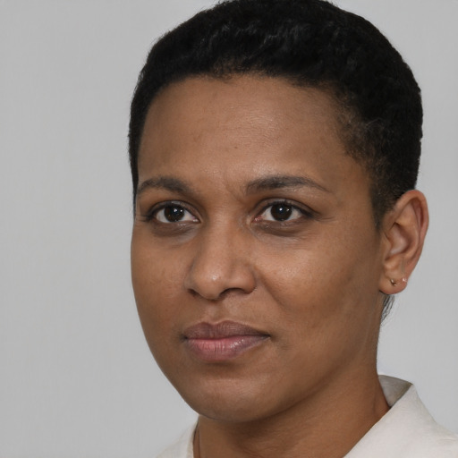 Neutral black young-adult female with short  black hair and brown eyes