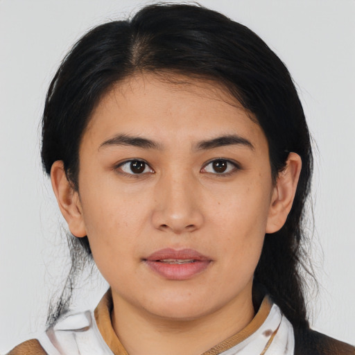 Neutral asian young-adult female with medium  black hair and brown eyes