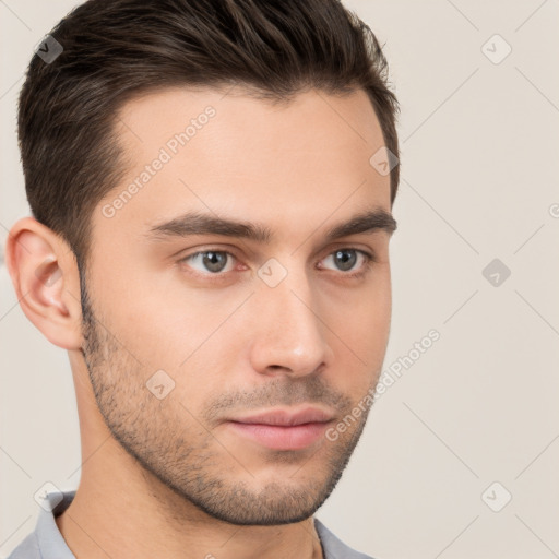 Neutral white young-adult male with short  brown hair and brown eyes