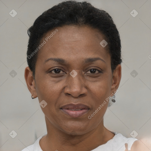 Joyful black adult female with short  black hair and brown eyes