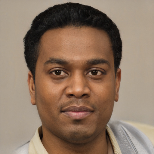 Neutral black young-adult male with short  black hair and brown eyes