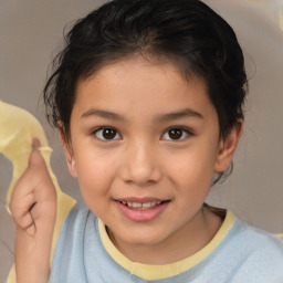 Joyful white child female with short  brown hair and brown eyes