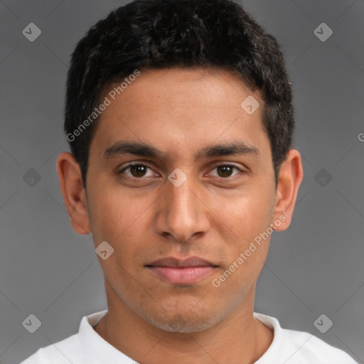 Neutral white young-adult male with short  black hair and brown eyes