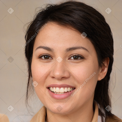 Joyful white young-adult female with medium  brown hair and brown eyes