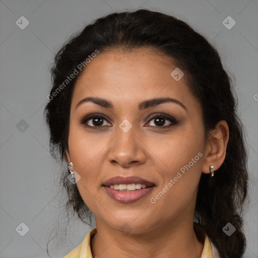 Joyful latino young-adult female with long  brown hair and brown eyes