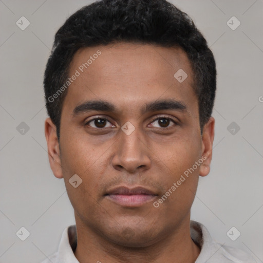 Neutral latino young-adult male with short  black hair and brown eyes